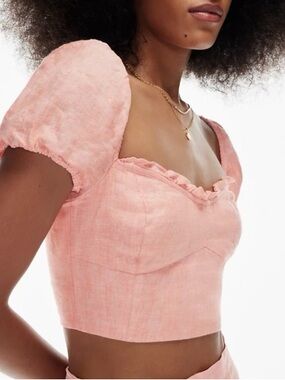Wilfred Aritzia Wander Linen Blouse Crop Top Puff Sleeve Bustier